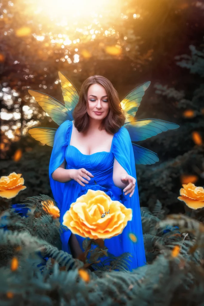 Gelbe-Blumen-Blaues-Kleid