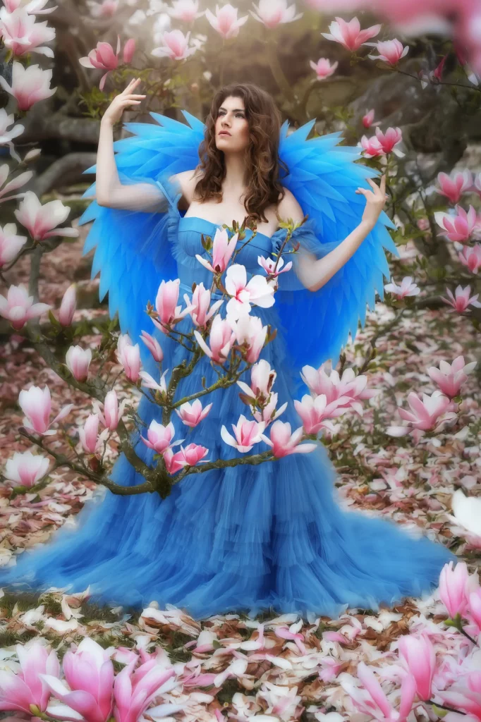 Model-im-blauen-Kleid-mit-blauen-Engelsflügeln-sinnlich-und-verträumt-zwischen-Magnolien-–-Elena-Frizler-Photography