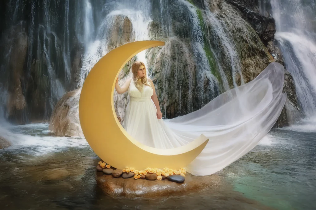 Stehendes Model hinter Sichelmond mit wehenden weißen Flying Dress, Wasserfall im Hintergrund – Fantasy-Fotoshooting von Elena Frizler Photography, LuzernEntlebuch Schweiz.