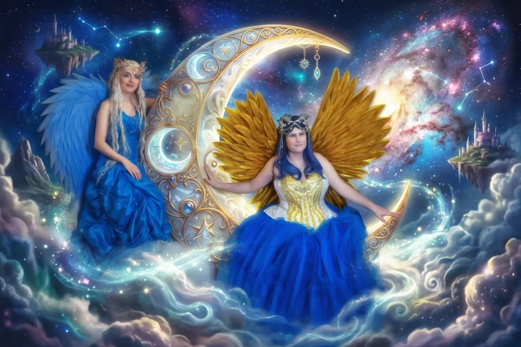 Zwei Freundinnen Shooting blauer Engel und goldene Fluegel sitzend und stehend neben dem Sichelmond ueber den Wolken Nachthimmel Studio Set Fantasy Lunara Elena Frizler Photography