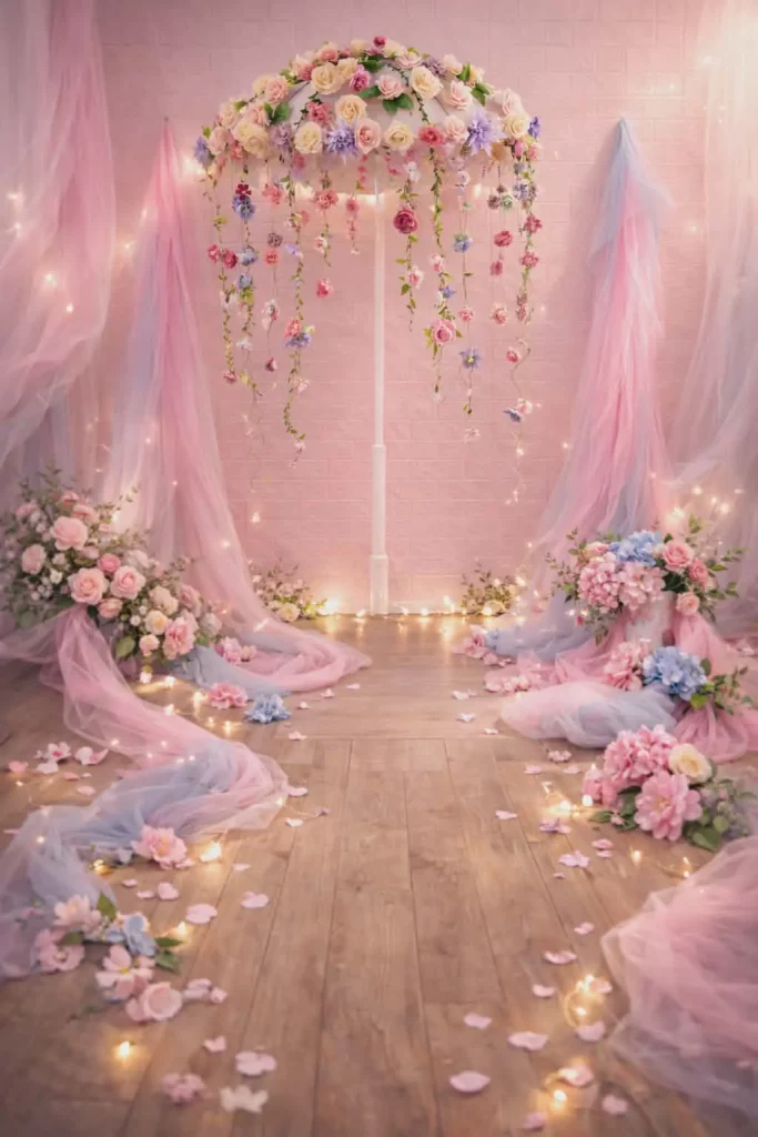 Soft Romance Studio Set Entlebuch fruehlingshaftes Portrait mit Blueten Schirm und pastellfarbenen Vorhaengen von Elena Frizler Photography