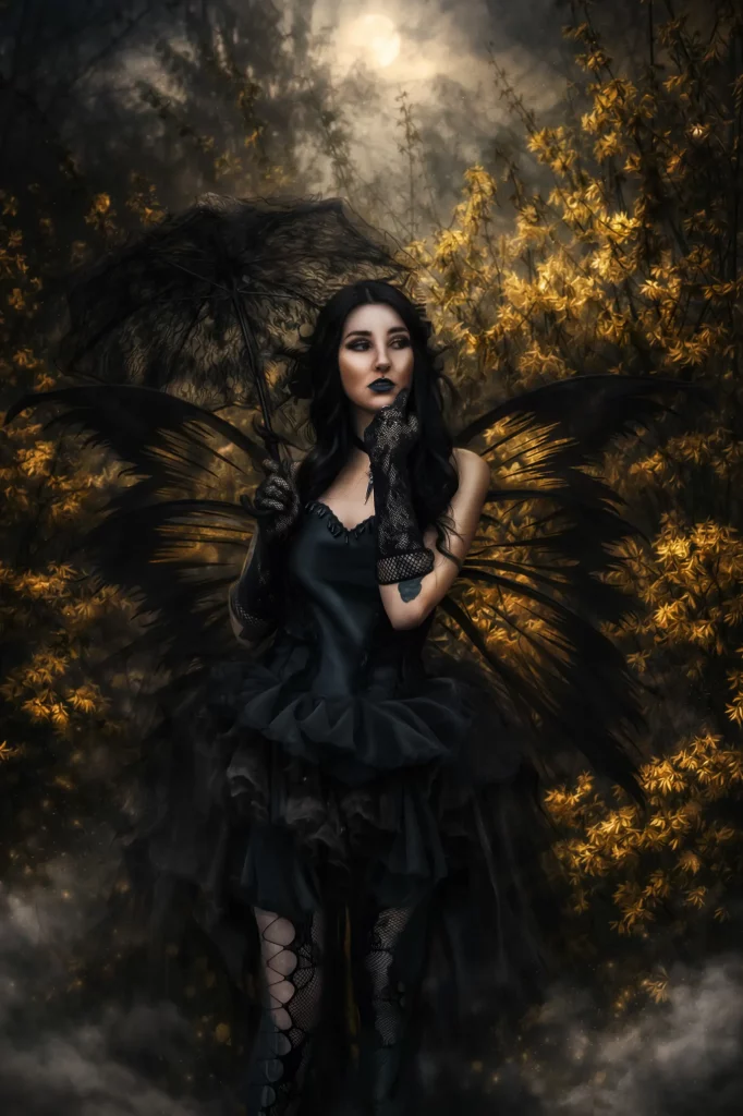 Dunkle Fantasy Szene mit schwarzem Engel mit Flügeln und Schirm mystische Fine Art Fotografie aus der Premiere Gothicolors mit Forsythien Fantasy Fotoshooting Schweiz