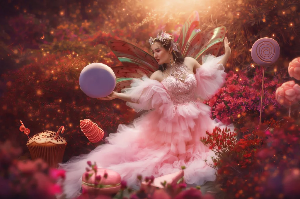 Elena Frizler inszeniert eine Fantasy Fee in Rosa Kleid mit Candy Requisiten und bunten Blumen im Blumenpark