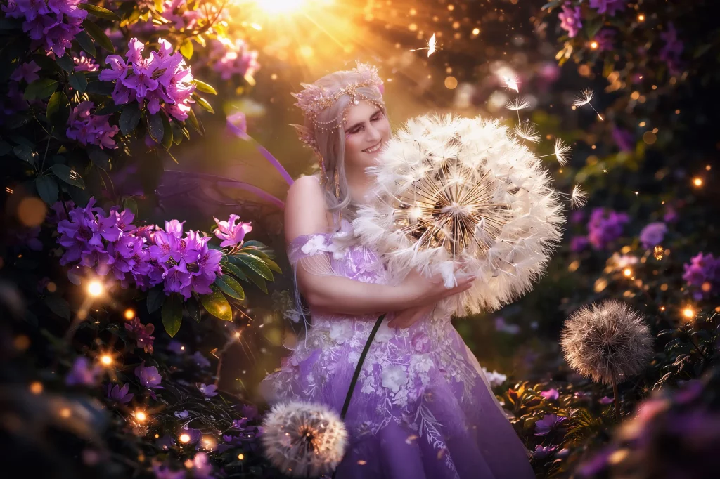 Fantasy Portrait mit Pusteblume und lila Blüten im Abendlicht beim Dandelion Bloom Premieren Fantasy Shooting