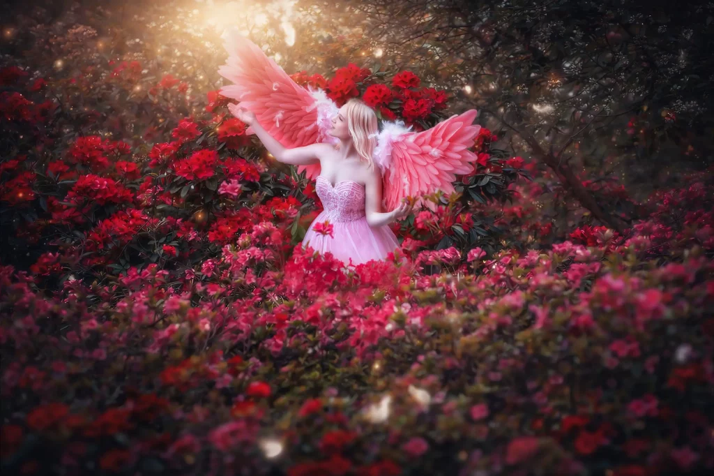fantasy fotoshooting frau mit rosa fluegeln im bluetenwald fruehling schweiz elena frizler photography