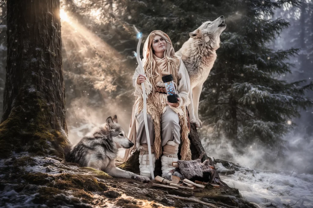 Fantasy Fotoshooting Frostfall mit Schamanin im winterlichen Wald mit Wolfshunden mystische Fine Art Fotografie von Elena Frizler Photography Schweiz