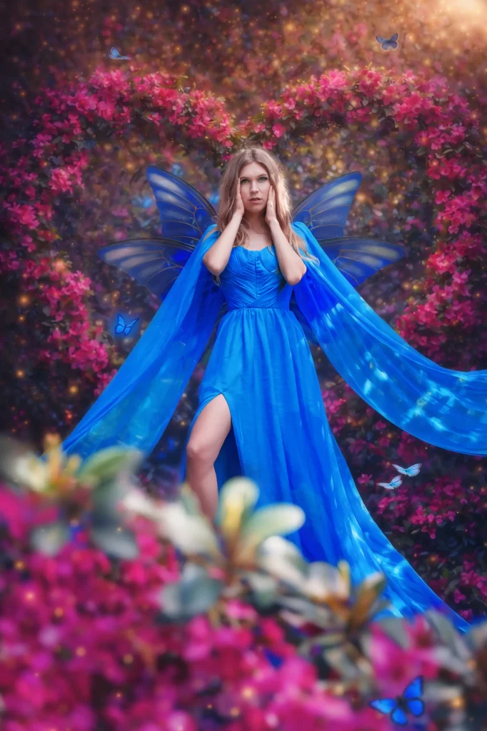 Fantasy Fotoshooting mit blauer Fee mit Flügeln im leuchtenden Blumenbogen mit Schmetterlingen märchenhafte Fine Art Fotografie von Elena Frizler Photography Schweiz