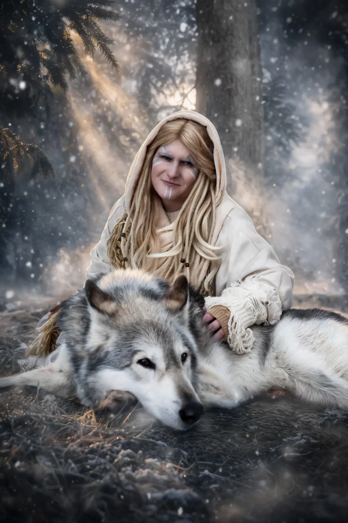Frostfall Fantasy Fotoshooting mit Schamanin und Wolfshund im verschneiten Wald mystische Fine Art Fotografie von Elena Frizler Photography Schweiz