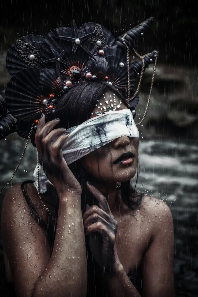 Cinematic Dark Fantasy Portrait mit Augenbinde und mystischem Kopfschmuck im Regen