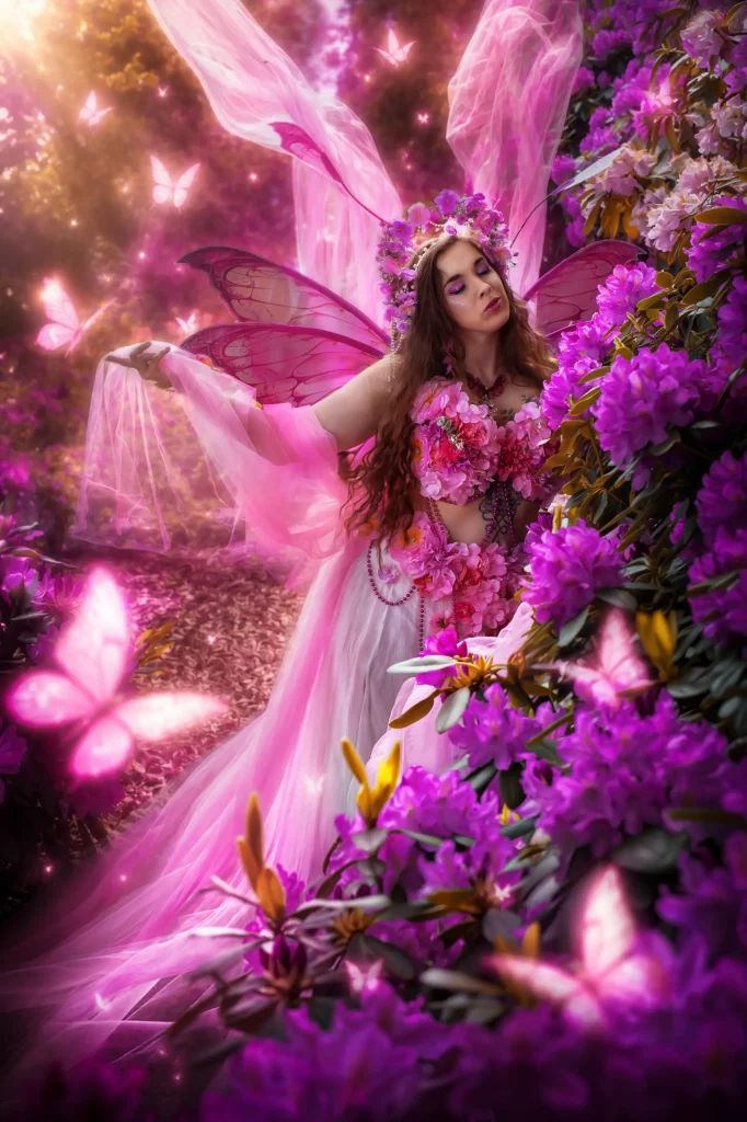 Cinematic Fine Art Fairy Portrait mit rosa Feenflügeln zwischen violetten Blüten und leuchtenden Schmetterlingen