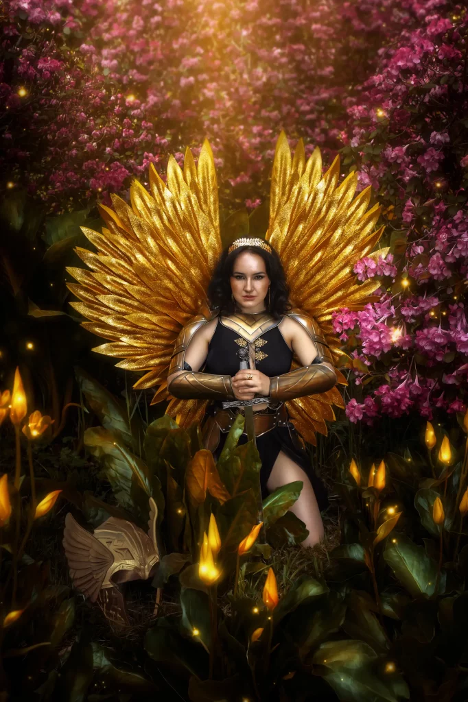 Cinematic Fine Art Portrait einer Walküre mit goldenen Engelsflügeln zwischen leuchtenden rosa Blüten