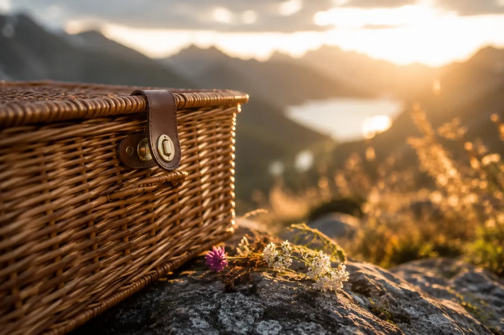 Picknickkorb bei Sonnenuntergang in den Schweizer Alpen als Symbol für den Abschluss der Alpina Fotoreise