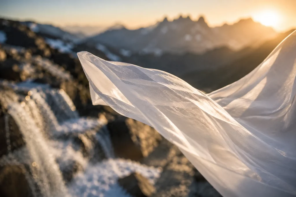 Flying Dress im Wind vor Wasserfall und Alpenkulisse bei Sonnenuntergang in der Schweiz