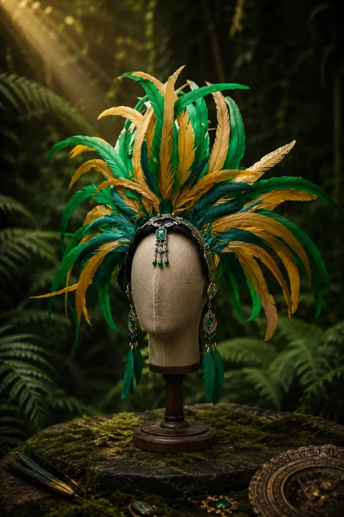 Aztekischer Kopfschmuck mit grün-goldenen Federn aus der Fotoshooting-Premiere Azteca Warrior