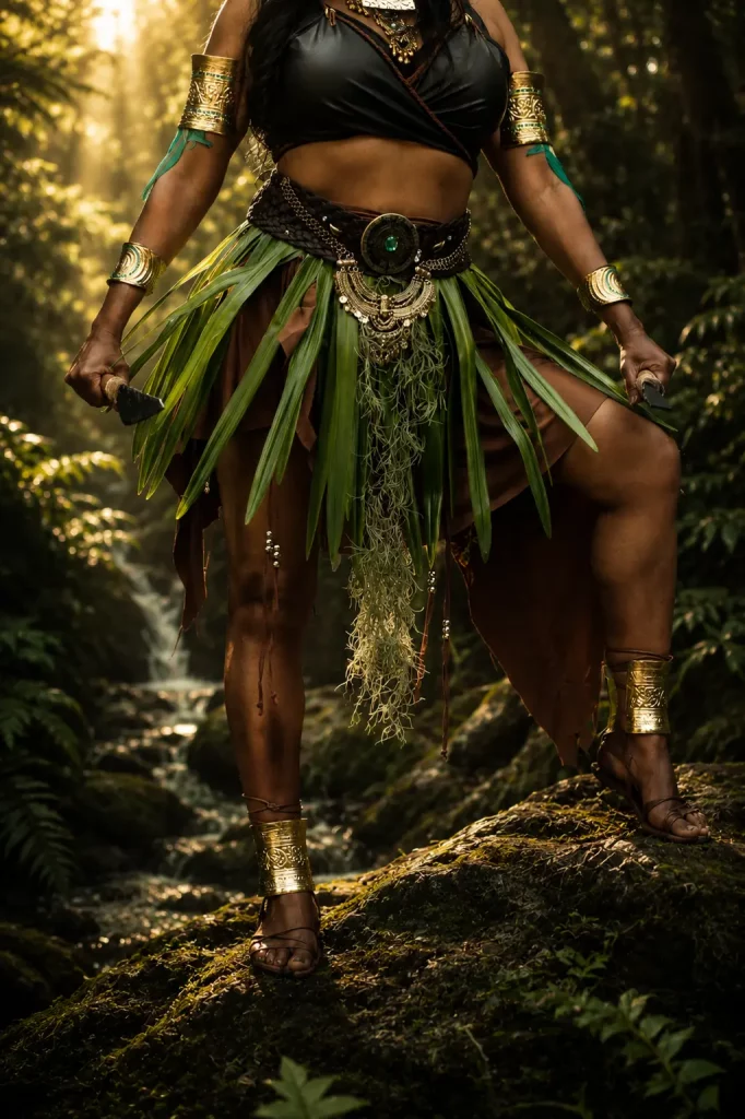 Detailaufnahme des Azteken-Outfits mit Blattschurz, Goldschmuck und Ritualdolchen aus der Fotoshooting-Premiere Azteca Warrior
