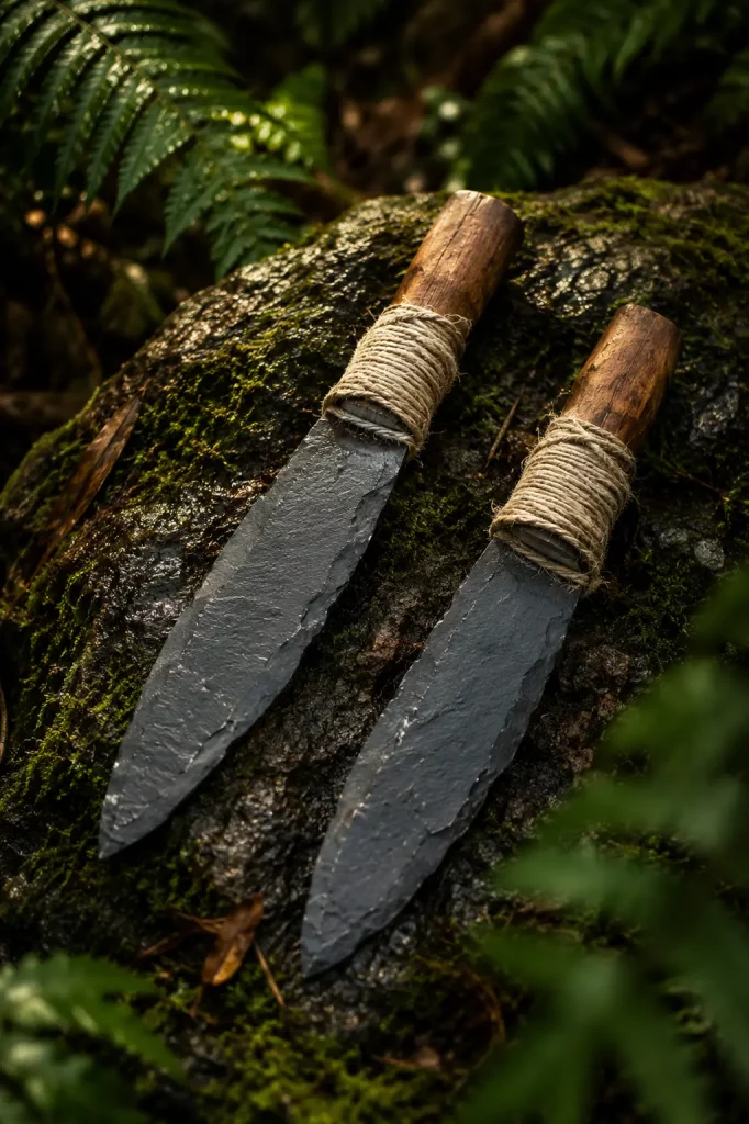 Handgefertigte Ritualdolche aus Schieferstein und Holz auf moosbedecktem Felsen aus der Fotoshooting-Premiere Azteca Warrior