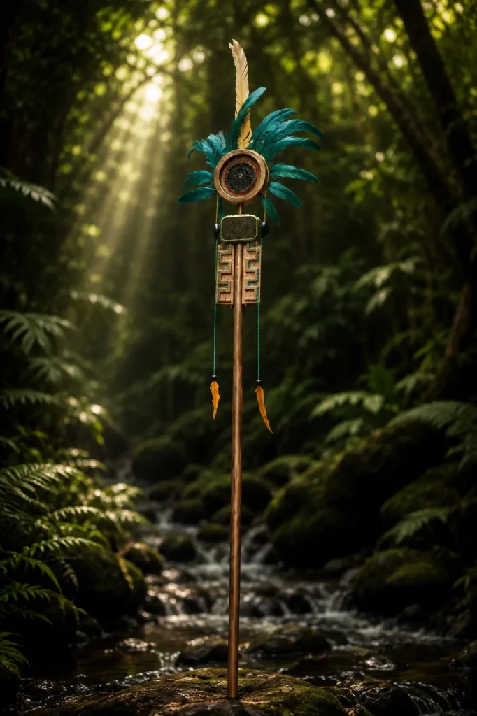 Aztekischer Ritualstab mit Federn und geschnitzten Ornamenten aus der Fotoshooting-Premiere Azteca Warrior
