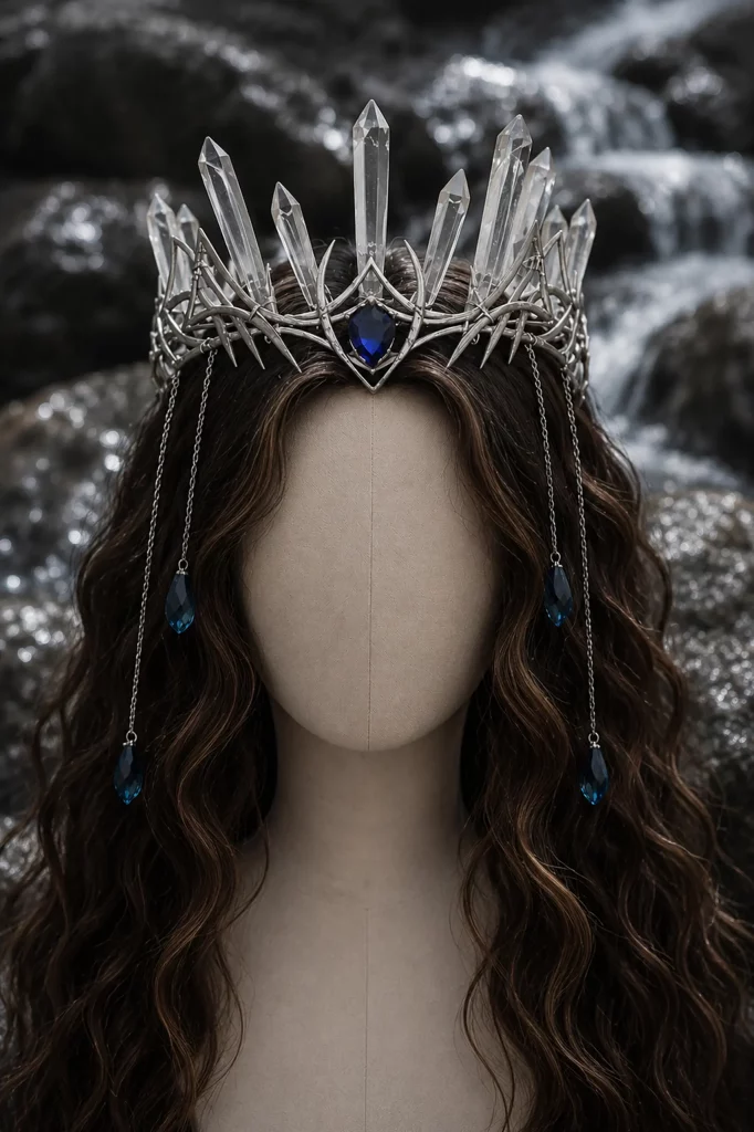 Silberne Kristallkrone mit dunkler Perücke für das Ivory Seraph Fantasy Fotoshooting von Elena Frizler Photography