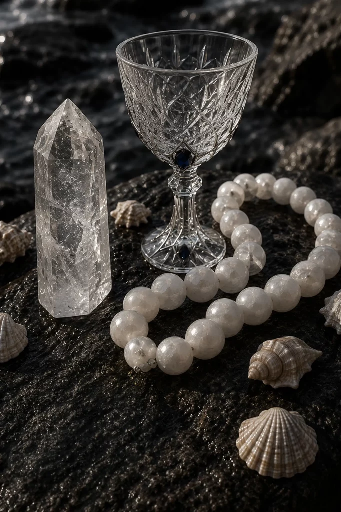 Bergkristall grosse Perlenkette und Kristallkelch als Fantasy Requisiten der Ivory Seraph Premiere