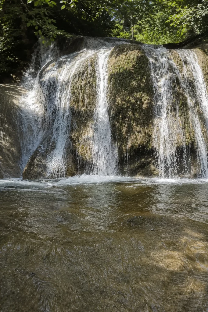 Ätherischer Wasserfall in verwunschener Waldkulisse mit weichem Licht und ruhiger Frühlingsatmosphäre