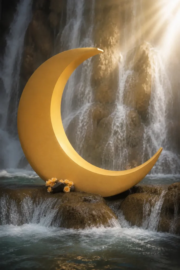 Goldener Sichelmond mit weissen Rosen vor einem Wasserfall als Requisite der Lunar Cascade Premiere