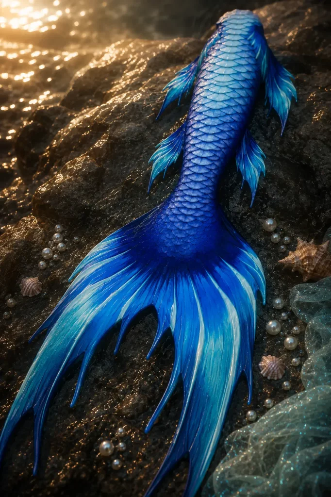 Blaue Meerjungfrauenflosse mit Schuppenstruktur auf nassen Felsen, umgeben von Perlen und Muscheln im Ocean Empress Konzept
