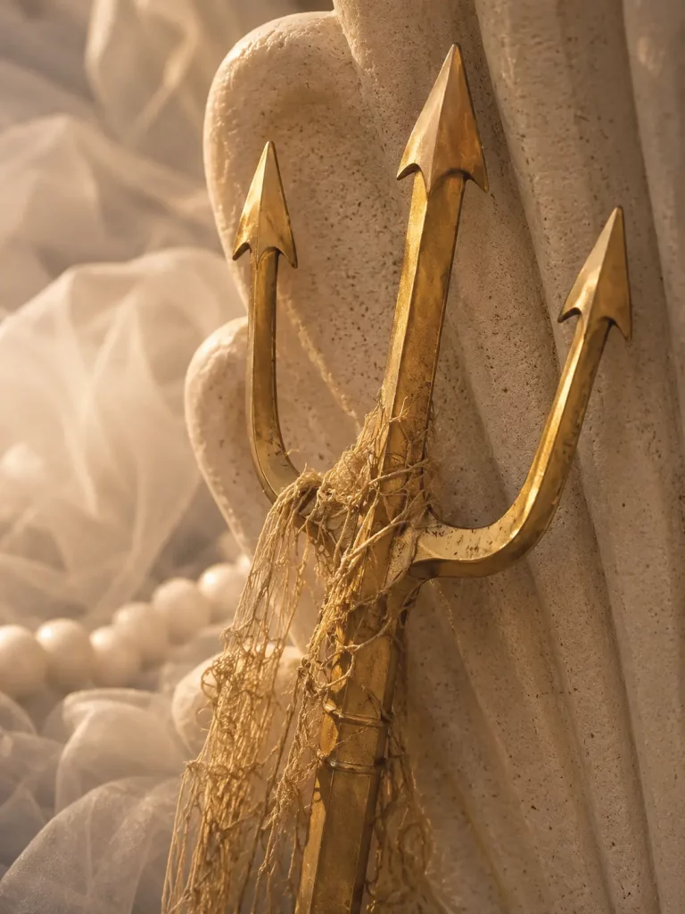 Detailaufnahme eines goldenen Dreizacks mit Fischernetz vor der Muschelrequisite des Ocean Empress Fantasy Fotoshootings