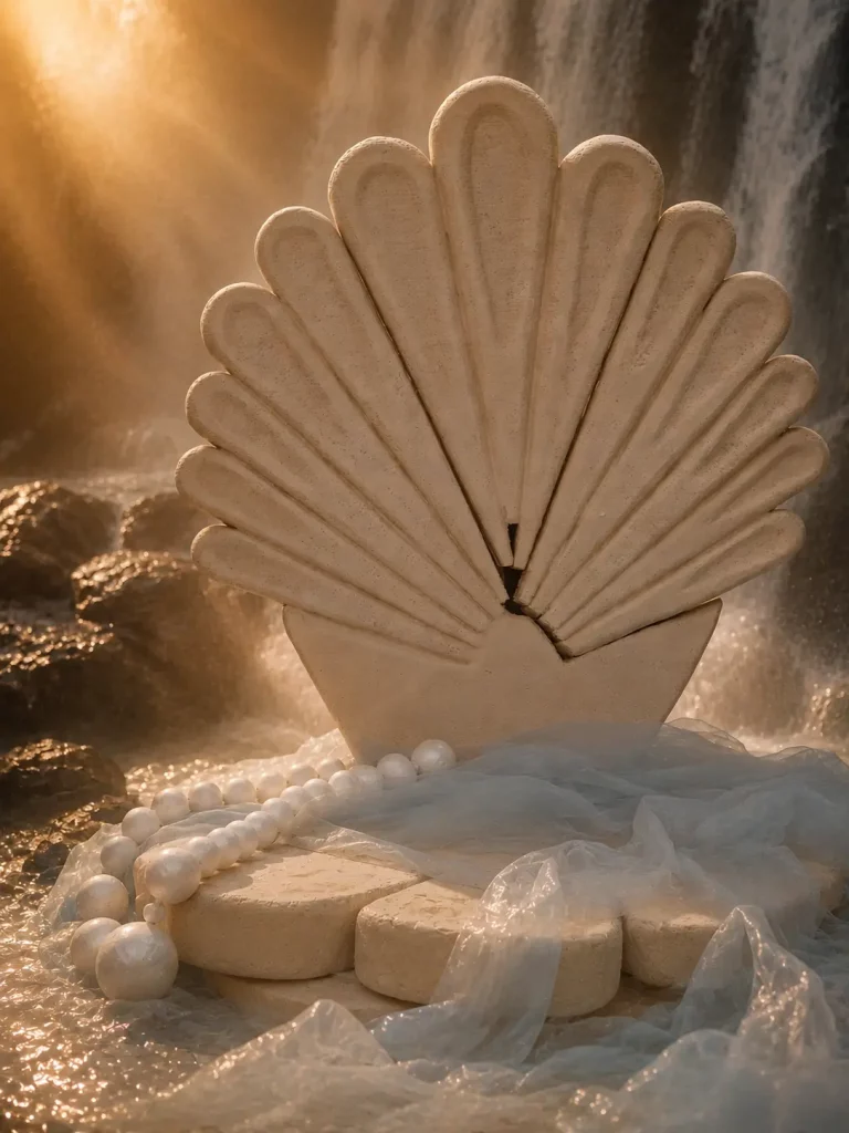 Detailaufnahme der monumentalen Muschelrequisite mit Perlen und transparenten Stoffen am Wasserfall im Ocean Empress Konzept