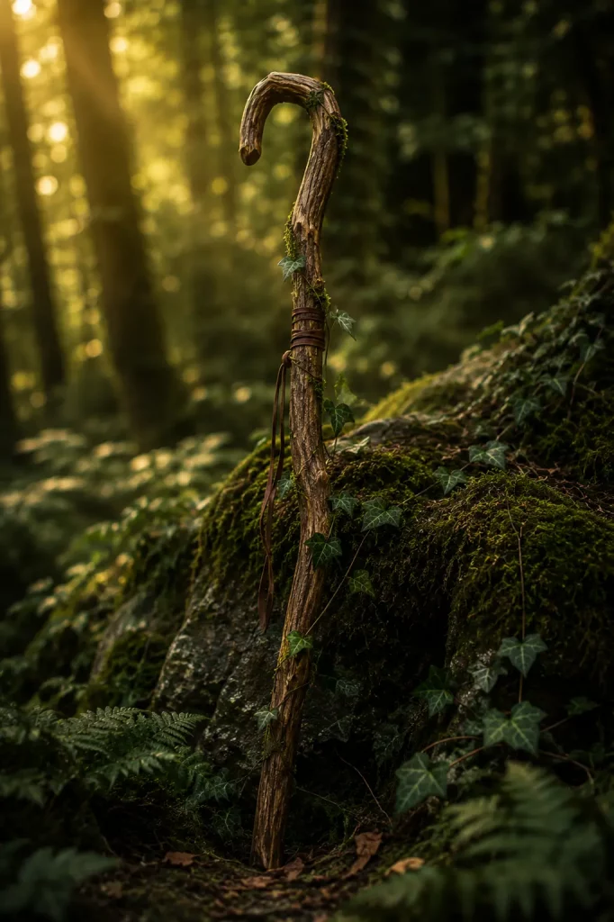 Einfacher Hirtenstab aus Holz im Wald für Pan's Realm Fantasy Fotoshooting