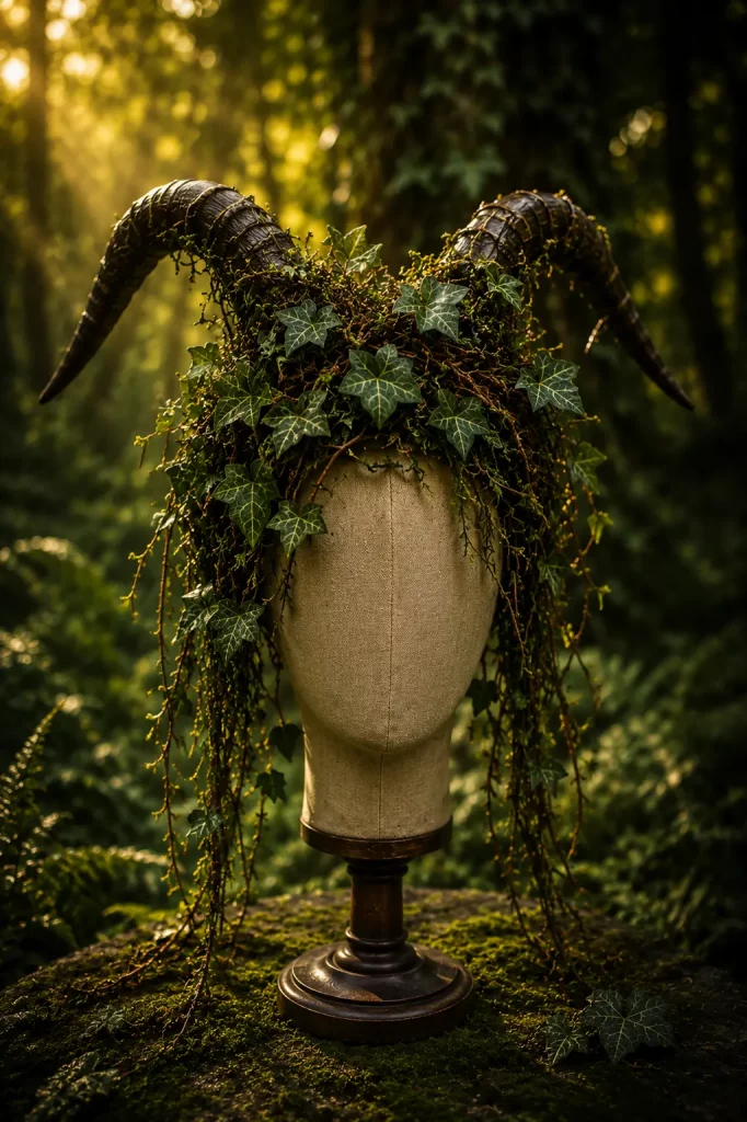 Faun-Kopfschmuck mit Hörnern, Efeu und Waldranken für Pan's Realm Fantasy Fotoshooting