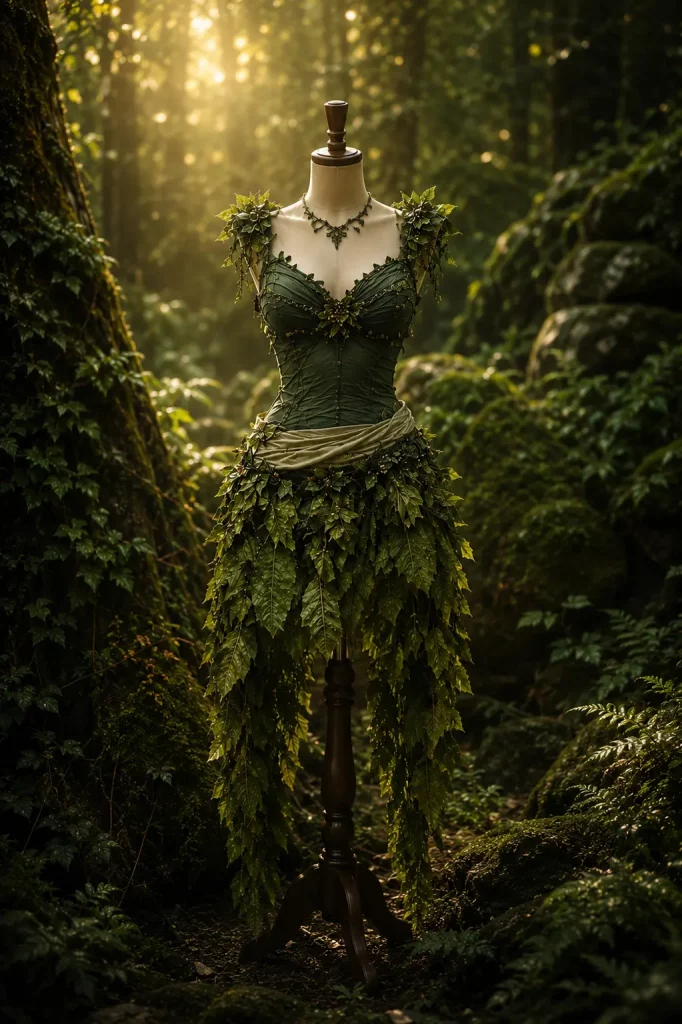 Naturgewand aus Blättern und Waldmaterialien auf Schneiderpuppe für Pan's Realm Fantasy Fotoshooting