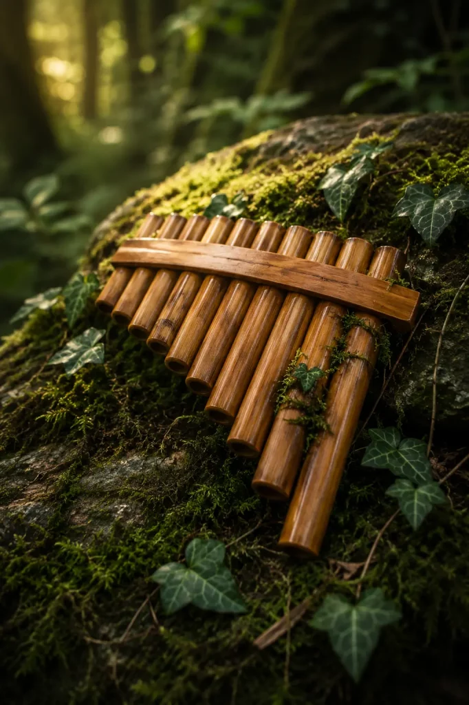 Panflöte aus Holz im moosbedeckten Wald für Pan's Realm Fantasy Fotoshooting