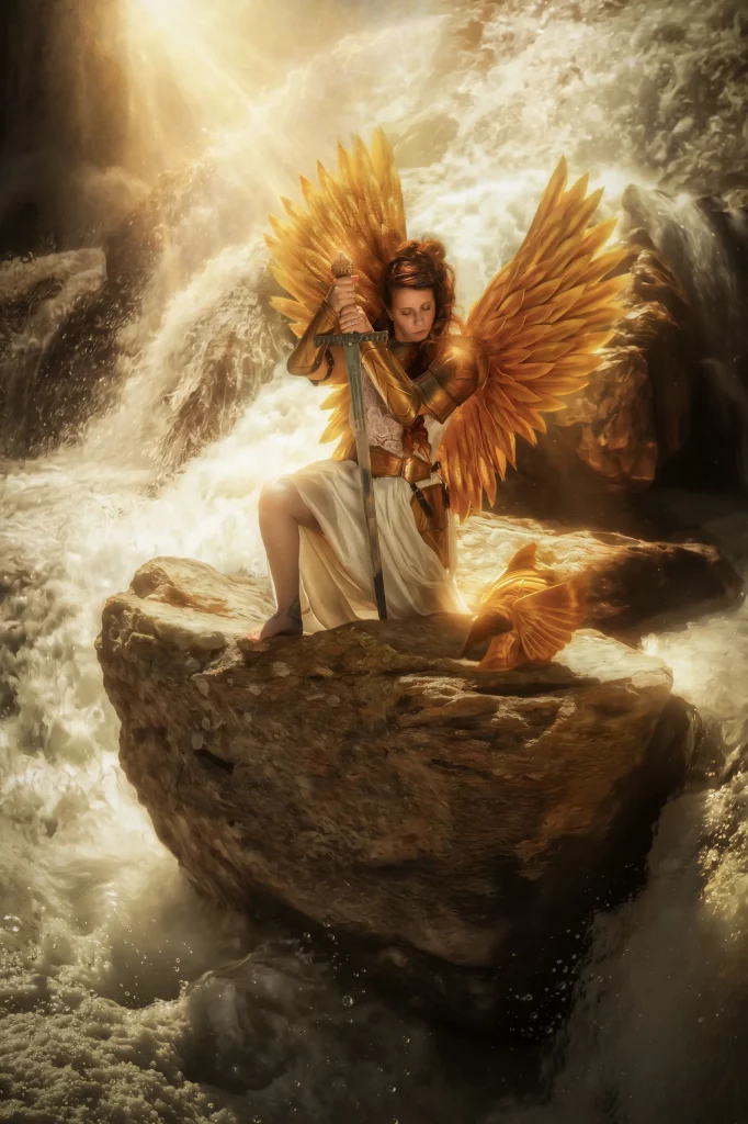 Goldene Walküre mit Schwert und Flügeln vor einem Wasserfall im Licht der nordischen Götterwelt