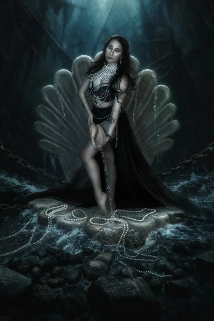 Frau auf Muschelthron in einer dunklen Unterwasserwelt mit Perlen und mystischer Venus-Reborn-Atmosphäre